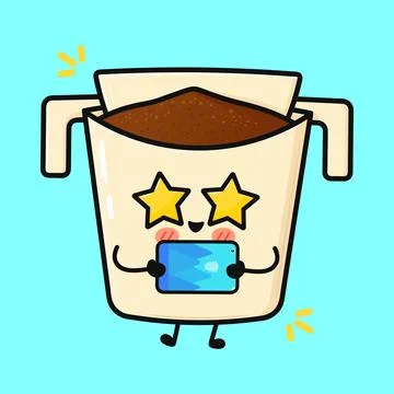 Cute drip coffee filter character using tablet Stock Illustration