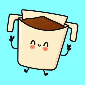 Cute drip coffee filter pouch cartoon character Stock Illustration