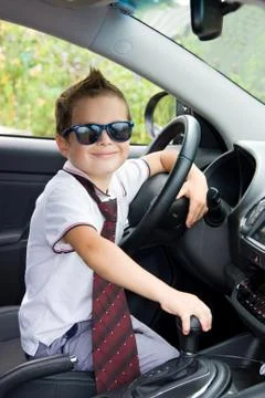 Cute driver  sits in car Stock Photos