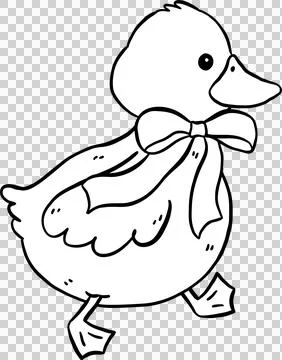 Cute Duck with Bow Walking Springtime Aesthetic Cartoon Doodle Hand Draw Stock Illustration