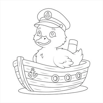 Cute Duck Captain Sailing In Ship Boat Outline Coloring Page For Kids Vector Ilustración de archivo