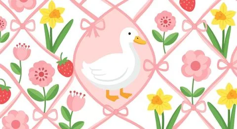 Cute Duck in Floral Pattern with Strawberries and Ribbons Ilustração Stock