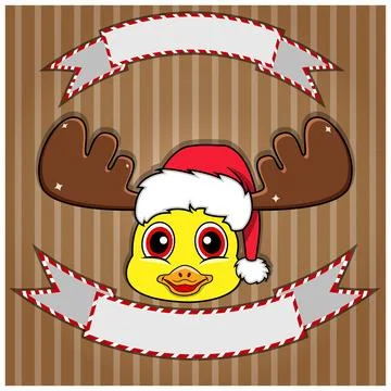Cute Duck Head With Christmas Hat. Blank label and banner. Character, Masco.. Stock Illustration