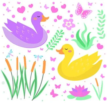 Cute duck set objects. Collection design elements with reeds, water lily Illustrazione stock