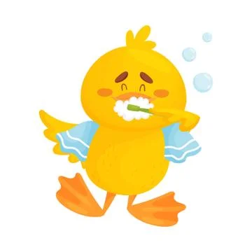 Cute duckling is brushing his teeth. Vector illustration on a white background. Stock Illustration