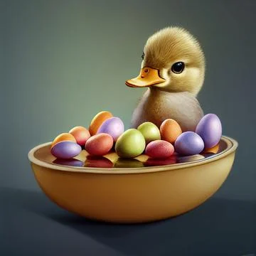 Cute duckling with colorful Easter eggs. AI-generated image. Illustrazione stock