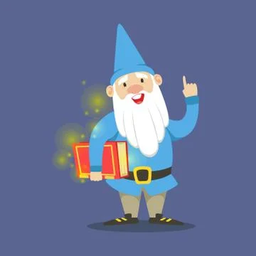 Cute dwarf in a blue clothes standing and holding red magic book vector Stock Illustration