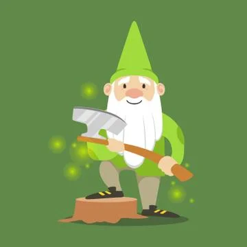 Cute dwarf in a green jacket and hat standing with axe vector Illustration Stock Illustration
