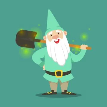 Cute dwarf in a light blue jacket and hat standing with shovel vector Illustrazione stock