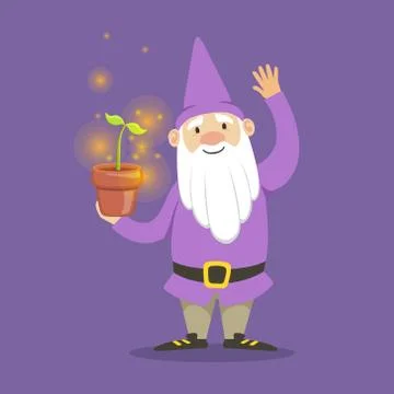 Cute dwarf in a purple jacket and hat standing flower pot vector Illustration イラスト素材