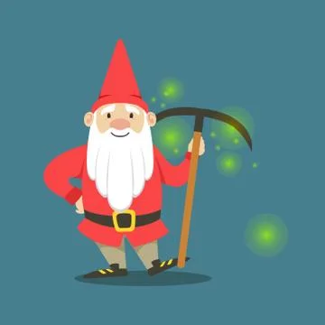 Cute dwarf in a red jacket and hat standing with pickaxe vector Illustration イラスト素材