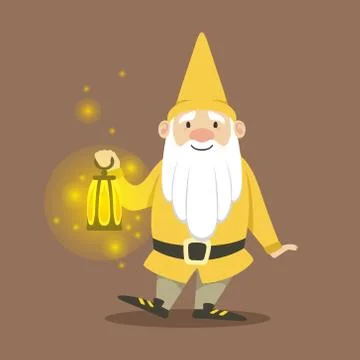 Cute dwarf in a yellow jacket and hat standing with small burning oil lamp Illustrazione stock