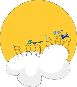 Cute dwarfs sitting on a cloud in front of the Sun Stock Illustration