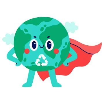 Cute Earth character dressed as a superhero with a red cape and recycling sign Stock Illustration