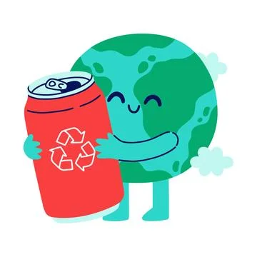 Cute Earth character hugging a giant red recycling can. Friendly globe mascot Stock Illustration