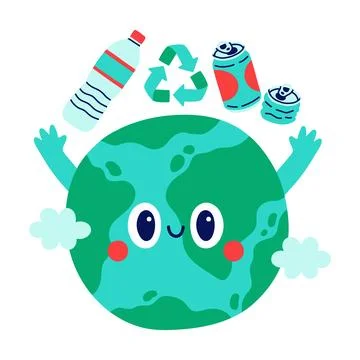 Cute Earth character juggling plastic bottles and aluminum cans with a Stock Illustration