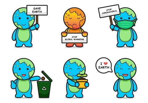 Cute earth character set with different activity cartoon vector icon illustra Stock Illustration