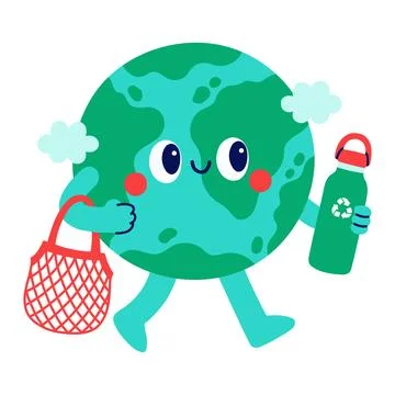 Cute Earth character walking with a reusable string bag and water bottle. Eco Stock Illustration