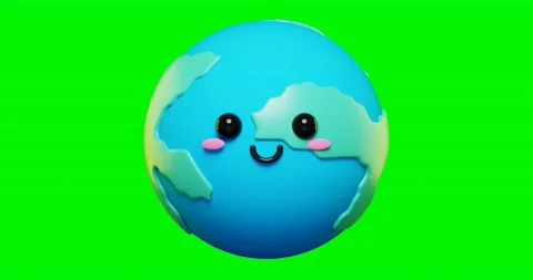 Cute Earth Globe Character with Smiling Face, Front View on Green Screen Stock Footage 237354460