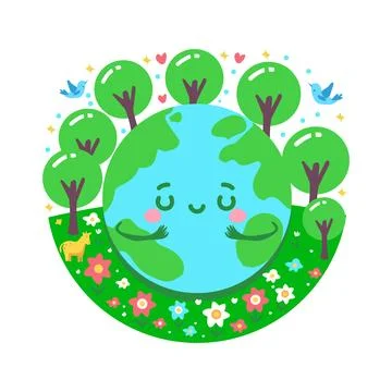 Cute Earth Hugging Trees Vector Stock Illustration