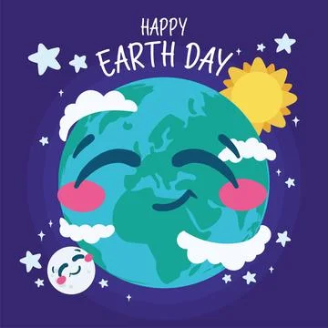 Cute earth planet with clouds sun and moon Happy earth day Vector Ilustração Stock