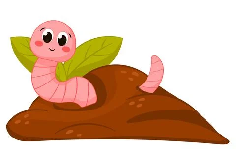 Cute eartworm character sitting in ground with leaves in cartoon style Stock Illustration
