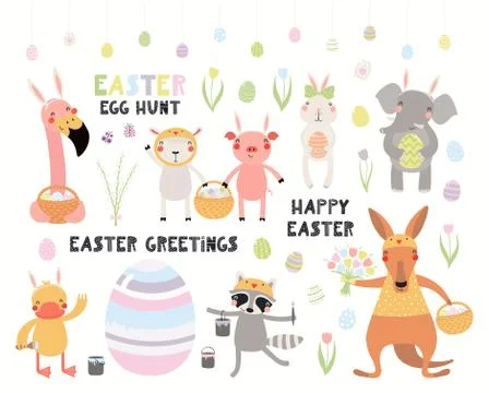Cute Easter animals set Stock Illustration