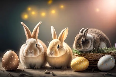 Cute easter background with easter eggs and rabbits Stock Photos
