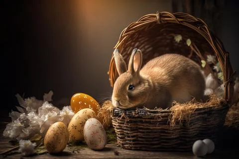 Cute easter background with easter eggs and rabbits Stock Photos
