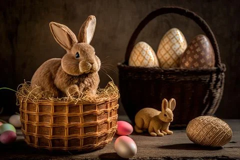 Cute easter background with easter eggs and rabbits Stock Photos