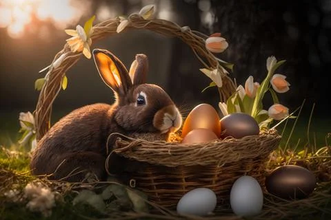 Cute easter background with easter eggs and rabbits Stock Photos