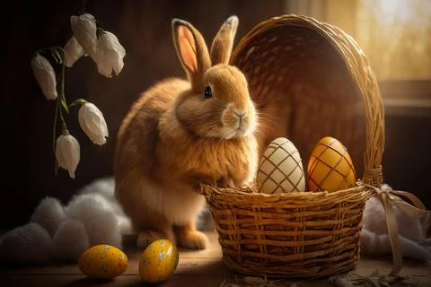 Cute easter background with easter eggs and rabbits Stock Photos