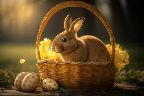 Cute easter background with easter eggs and rabbits Stock Photos