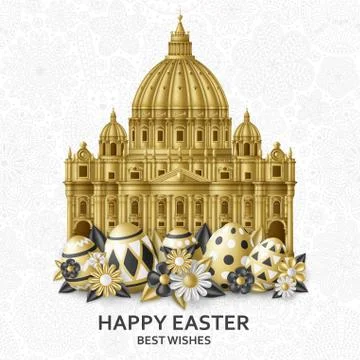 Cute Easter background with eggs, flowers and Saint Peters Basilica Stock Illustration