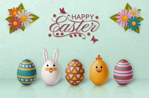 Cute Easter background with white bunny, chicken, eggs and flowers. Vector Stockillustratie