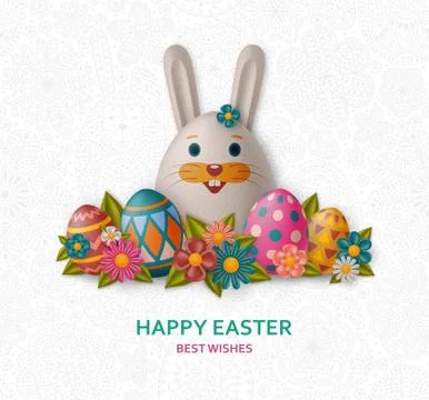 Cute Easter background with white bunny, chicken, eggs and flowers. Vector Stockillustratie
