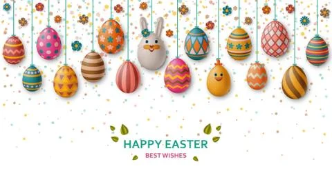 Cute Easter background with white bunny, chicken, eggs and flowers. Vector Stock Illustration