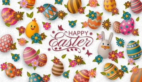 Cute Easter background with white bunny, chicken, eggs and flowers. Vector 库存插图