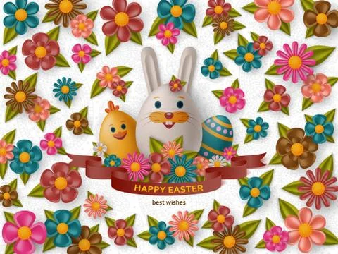 Cute Easter background with white bunny, chicken, eggs and flowers. Vector Illustrazione stock