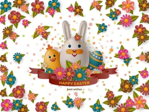 Cute Easter background with white bunny, chicken, eggs and flowers. Vector Stock Illustration