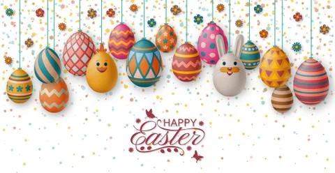 Cute Easter background with white bunny, chicken, eggs and flowers. Vector Stock Illustration