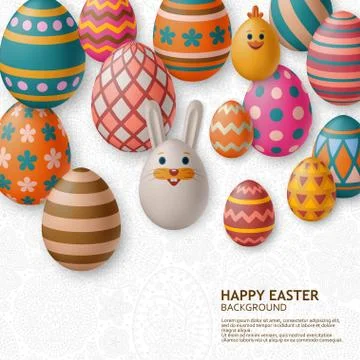 Cute Easter background with white bunny, chicken, eggs and flowers. Vector 스톡 일러스트