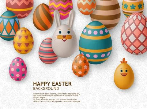 Cute Easter background with white bunny, chicken, eggs and flowers. Vector Stock Illustration