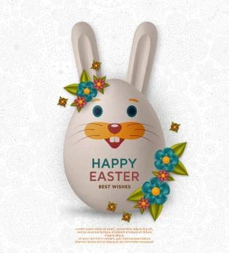 Cute Easter background with white bunny, chicken, eggs and flowers. Vector 스톡 일러스트