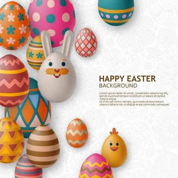 Cute Easter background with white bunny, chicken, eggs and flowers. Vector Stockillustratie