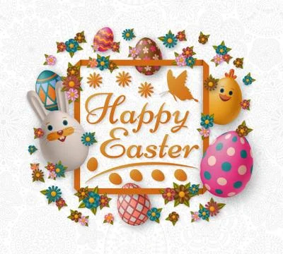 Cute Easter background with white bunny, chicken, eggs and flowers. Vector Stock Illustration