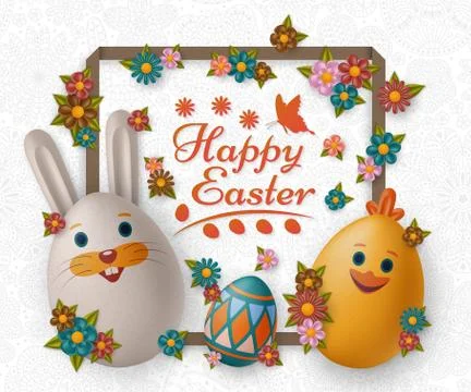 Cute Easter background with white bunny, chicken, eggs and flowers. Vector Stock Illustration