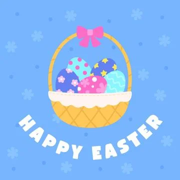 Cute Easter basket with colorful decorated eggs pink bow and Happy Easter t.. Stock Illustration