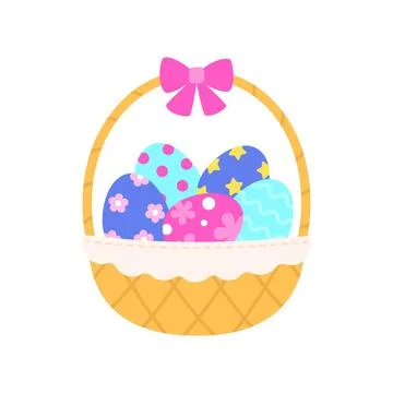 Cute Easter basket with colorful decorated eggs and pink bow isolated on wh.. Stock Illustration