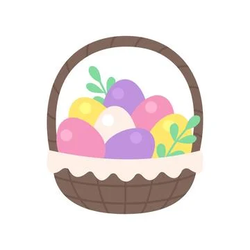 Cute Easter basket with colorful eggs and green leaves isolated on white ba.. Stock Illustration